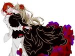  1boy 1girl beatrice blonde_hair blue_eyes brown_eyes couple dress fang flower hair_down hair_flower hair_ornament hetero hug looking_at_viewer open_mouth red_hair umineko_no_naku_koro_ni ushiromiya_battler wide_sleeves 