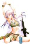  absurdres armband armpits arms_up assault_rifle bottle breasts camouflage character_request collarbone copyright_request dog_tags fuyuno_haruaki gun highres long_hair low_twintails midriff multicam_(camo) navel one_eye_closed purple_eyes purple_hair rifle scan sitting small_breasts solo sports_bra stretch thigh_strap twintails wariza water_bottle weapon wristband 