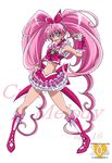  anniversary armpits arudebido blue_eyes boots bow brooch character_name choker copyright_name cure_melody frills full_body hair_ribbon houjou_hibiki jewelry knee_boots long_hair magical_girl midriff older pink_bow pink_choker pink_footwear pink_hair pink_skirt precure ribbon skirt smile solo suite_precure twintails white_background wrist_cuffs 