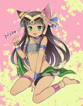  :d animal_ears anklet aqua_eyes armlet bare_shoulders barefoot bastet_(p&amp;d) between_legs black_hair cat_ears cat_tail fang hairband hand_between_legs jewelry kaki_s long_hair looking_at_viewer navel nyan open_mouth paw_pose puzzle_&amp;_dragons romaji sitting skirt smile solo tail tan wariza 