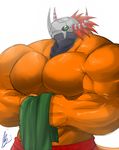  abs anthro biceps big_muscles brown_skin clothing digimon flammars green_eyes hair helmet horn huge_muscles looking_at_viewer male mask muscles orange_skin pecs plain_background pose reptile scales scalie shorts solo standing toned topless wargie white_background 