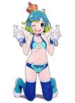  ;d bare_shoulders bikini blue_eyes blue_hair blush crown green_hair highres holding kneeling looking_at_viewer multicolored_hair navel one_eye_closed open_mouth original papico_(ice_cream) papiko_(papico_ice_cream) shiwasu_takashi short_hair simple_background smile solo swimsuit thighhighs two-tone_hair white_background wings 