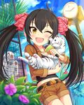  ;d artist_request black_hair cage hair_ribbon idolmaster idolmaster_cinderella_girls jewelry long_hair matoba_risa microphone midriff navel official_art one_eye_closed open_mouth ribbon shorts sleeves_rolled_up smile tiger twintails white_tiger yellow_eyes 