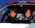  car car_interior ground_vehicle kobayakawa_miyuki lowres motor_vehicle multiple_girls tsujimoto_natsumi you're_under_arrest 