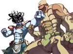  battle black_hair caryo clenched_hand duel jojo_no_kimyou_na_bouken monster multiple_boys muscle outstretched_arm simple_background spread_legs stand_(jojo) standing star_platinum stardust_crusaders tabigarasu the_world white_background 
