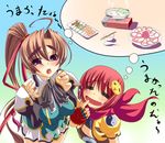  =_= artist_request bachou brown_hair chouhi drooling food koihime_musou multiple_girls red_eyes red_hair saliva translation_request 