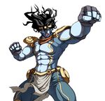  battle black_hair caryo clenched_hand cowboy_shot headband jojo_no_kimyou_na_bouken loincloth monster muscle outstretched_arm shoulder_pads simple_background spread_legs stand_(jojo) standing star_platinum stardust_crusaders tabigarasu the_world white_background 