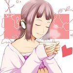  behind-the-head_headphones closed_eyes cup headphones nanahime original pink_hair sleeves_past_wrists solo tea 