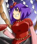  alcohol cup hair_ornament leaf_hair_ornament purple_hair red_eyes rope sakazuki sake short_hair sketch solo tetsuji touhou yasaka_kanako 