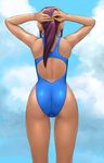  adjusting_hair artist_request ass back competition_swimsuit copyright_request from_behind highleg highleg_swimsuit long_hair non-web_source one-piece_swimsuit ponytail purple_hair solo swimsuit tying 