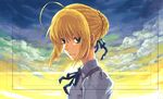  ahoge artoria_pendragon_(all) blonde_hair cloud face fate/stay_night fate_(series) floating_hair green_eyes light_smile looking_at_viewer neck_ribbon oira_(kagaribi) ribbon saber shirt sky solo sunset viewfinder 