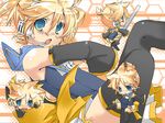  blonde_hair blue_eyes blush chibi crossdressing detached_sleeves headset hekicha kagamine_len kagamine_len_no_bousou_(vocaloid) male_focus one-piece_swimsuit open_mouth otoko_no_ko school_swimsuit swimsuit thighhighs vocaloid 