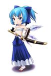  blue_eyes blue_hair blue_hakama bow bushidou_(sekaiju) bushidou_(sekaiju)_(cosplay) cirno cosplay hakama japanese_clothes kusaba_(kusabashiki) samurai sandals sarashi sekaiju_no_meikyuu sheath solo sword touhou unsheathing weapon wings 