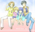  2girls 603_(lolipop) akasaka_mamoru black_hair blonde_hair blue_hair brown_eyes brown_hair casual closed_eyes dress furude_rika glasses higurashi_no_naku_koro_ni houjou_satoko irie_kyousuke jacket long_hair multiple_boys multiple_girls one_eye_closed red_eyes short_hair shorts sitting smile 