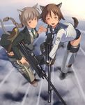  501st_joint_fighter_wing_(emblem) animal_ears anti-materiel_rifle boys_anti_tank_rifle gun hands heavy_machine_gun holding_hands interlocked_fingers lynette_bishop machine_gun miyafuji_yoshika multiple_girls open_mouth rifle shizuma_yoshinori sniper_rifle strike_witches striker_unit tail type_99_cannon weapon world_witches_series 