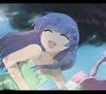  bad_id bad_pixiv_id bag blue_hair closed_eyes dress furude_rika happy higurashi_no_naku_koro_ni long_hair maroyan smile solo 