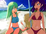  barefoot beach bikini blonde_hair breasts cleavage cloud day food fruit green_hair hat highres kochiya_sanae long_hair medium_breasts moriya_suwako multiple_girls ocean popsicle purple_hair red_eyes short_hair small_breasts swimsuit tetsuji touhou watermelon watermelon_bar yasaka_kanako yellow_eyes 