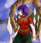  blush cloud purple_hair red_eyes rope short_hair sketch sky solo tetsuji touhou yasaka_kanako 