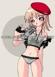  artist_request beret brown_eyes brown_hair cagalli_yula_athha crop_top dog_tags gun gundam gundam_seed handgun hat jacket midriff navel open_mouth panties pistol solo underwear weapon 