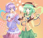  bad_id bad_pixiv_id candy eating food green_eyes green_hair hairband hat heart komeiji_koishi komeiji_satori multiple_girls pico_(picollector79) pocky purple_eyes purple_hair short_hair siblings sisters touhou 