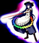  blue_hair food fruit hat hinanawi_tenshi hiroya_juuren leaf long_hair peach solo standing sword sword_of_hisou touhou weapon 