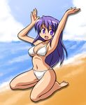  bad_id bad_pixiv_id barefoot beach bikini chiki_(chikibw) day long_hair original purple_eyes purple_hair solo swimsuit 
