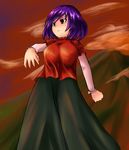  cloud mountain purple_hair red_eyes short_hair solo tetsuji touhou yasaka_kanako 