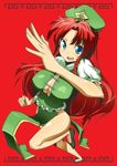  blue_eyes breasts china_dress chinese_clothes dress hat hong_meiling large_breasts long_hair no_bra no_panties red_hair solo toudori touhou 