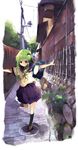  alley alternate_costume bad_id bad_pixiv_id bag bare_arms black_legwear blouse brown_footwear circle cover day fence frog_hair_ornament green_hair hair_ornament hair_tubes hamayumiba_sou hopscotch house jumping kneehighs kochiya_sanae lamppost loafers long_hair looking_down outdoors outstretched_arms pavement plant power_lines puddle purple_skirt school_bag school_uniform serafuku shoes short_sleeves shoulder_bag sidelocks skirt sky solo spread_arms standing standing_on_one_leg stone_wall touhou utility_pole wall white_blouse wooden_fence yellow_neckwear 