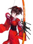  aiming archery arrow asa_no_ha_(pattern) blush bow_(weapon) copyright_request drawing_bow gloves holding holding_arrow holding_bow_(weapon) holding_weapon japanese_clothes kazuoki one_eye_closed outstretched_arm simple_background solo weapon white_background 