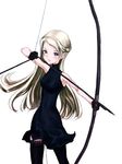  aiming archery arrow blonde_hair blue_eyes bow_(weapon) copyright_request drawing_bow dress gloves holding holding_arrow holding_bow_(weapon) holding_weapon kazuoki long_hair outstretched_arm simple_background sleeveless solo thighhighs weapon white_background zettai_ryouiki 