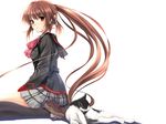  bow cat cradle_(artist) kneehighs little_busters! long_hair misaki_kurehito natsume_rin pink_bow ponytail red_eyes school_uniform shoes sitting socks solo 