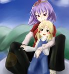  blonde_hair blush moriya_suwako multiple_girls purple_hair red_eyes short_hair tetsuji touhou yasaka_kanako 