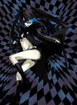  akio_(89e) black_hair black_rock_shooter black_rock_shooter_(character) burning_eye checkered long_hair midriff scar shorts solo twintails 