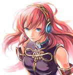  armband bangs blue_eyes brooch closed_mouth from_above gem glowing hairband headphones headset jewelry light_smile lips long_hair looking_at_viewer megurine_luka number pink_hair sasahara_ami simple_background solo tattoo upper_body vocaloid white_background 