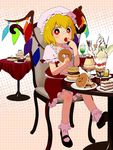  bib cake chair chocolate_syrup cream_puff doughnut eating flandre_scarlet food food_on_face frills halftone halftone_background highres ice_cream ice_cream_on_face macaron mary_janes mizu_asato pancake parfait pastry plate pocky pudding red_eyes shoes sitting solo table touhou wings 
