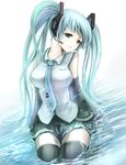  alternate_breast_size aqua_hair bad_id bad_pixiv_id breasts detached_sleeves green_eyes hatsune_miku headphones large_breasts long_hair microphone necktie norapeko sitting skirt solo thighhighs twintails very_long_hair vocaloid water zettai_ryouiki 