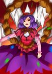  danmaku hair_ornament highres leaf_hair_ornament purple_hair red_eyes rope shide shimenawa short_hair sketch solo tetsuji touhou yasaka_kanako 