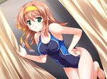  barefoot competition_swimsuit curtain_grab curtains fitting_room game_cg green_eyes hair_ribbon hairband long_hair non-web_source one-piece_swimsuit orange_hair reconquista ribbon solo swimsuit yoshimori_masaki 