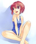  bare_shoulders barefoot breast_squeeze breasts kushieda_minori mikage_sekizai open_mouth red_eyes red_hair short_hair sitting small_breasts solo swimsuit toradora! 