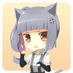  anger_vein animal_ears arm_warmers cat_ears cat_tail chibi fang kantai_collection kasumi_(kantai_collection) kemonomimi_mode kouji_(campus_life) lowres open_mouth paw_pose ponytail rectangular_mouth school_uniform side_ponytail silver_hair solo suspenders tail yellow_eyes 