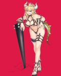  1girl alba black_swimsuit blonde_hair blue_earrings blue_eyes bowsette bracelet breasts claws cleavage club collar commentary_request crown eyebrows_visible_through_hair fang fingernails full_body hair_between_eyes highres horns jewelry large_breasts leaning_forward leaning_on_weapon leg_garter long_hair looking_at_viewer mario_(series) mini_crown new_super_mario_bros._u_deluxe nintendo open_mouth pointy_ears red_background sandals sharp_fingernails sharp_toenails smile smirk solo spiked_armlet spiked_bracelet spiked_collar spiked_shell spiked_tail spikes standing super_crown super_mario_bros. swimsuit tail thigh_strap toenails turtle_shell weapon 