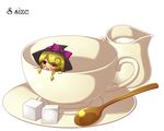  :o blonde_hair braid cream creamer_(vessel) cup hat hat_ribbon highres in_container in_cup kakiikada kirisame_marisa long_hair looking_at_viewer minigirl ribbon saucer simple_background single_braid solo spoon sugar_cube teacup touhou white_background witch_hat yellow_eyes 