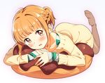  blush brown_eyes cushion lying on_stomach open_mouth orange_hair ponytail short_hair solo sweater tears thighhighs tokyo_7th_sisters tsunomori_rona wavy_mouth white_background zpolice 