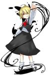  ahoge ascot bad_id bad_pixiv_id black_skirt blonde_hair blouse darkness ex-rumia highres red_eyes rumia short_hair simple_background skirt smile solo touhou usalxlusa vest white_background 
