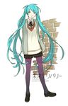  aqua_eyes aqua_hair gradient_legwear hatsune_miku highres loafers long_hair mirai_delivery miyama_fugin pantyhose purple_legwear shoes shorts solo twintails very_long_hair vocaloid 