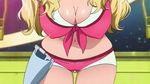  1girl animated animated_gif arms_behind_back blonde_hair blush boobies_uniform breasts cleavage erect_nipples hairband happy honey_(space_dandy) large_breasts leaning_forward long_hair looking_at_viewer pink_eyes shorts smile space_dandy standing 