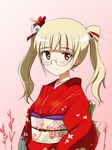  alternate_costume alternate_hairstyle blonde_hair flower glasses hair_flower hair_ornament hair_ribbon japanese_clothes kimono looking_at_viewer orange_eyes perrine_h_clostermann red_kimono ribbon solo strike_witches tokiani twintails world_witches_series 