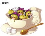  :o ahoge blonde_hair bloomers braid clone cream creamer_(vessel) cup facing_away hat hat_ribbon highres in_container in_cup kakiikada kirisame_marisa long_hair looking_at_viewer minigirl no_hat no_headwear one_eye_closed red_eyes ribbon saucer short_sleeves simple_background single_braid spoon sugar_cube teacup touhou translated underwear white_background witch_hat yellow_eyes 
