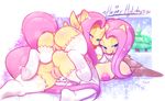  2014 abstract_background angel_(mlp) anthro anthrofied anus blue_eyes breasts butt cutie_mark duo english_text equine female feral fluttershy_(mlp) friendship_is_magic fur group hair half-closed_eyes horse lagomorph legwear lesbian long_hair looking_at_viewer lying mammal my_little_pony on_front on_top pegasus pink_hair pony presenting presenting_hindquarters pussy rabbit square_crossover stockings text tongue tongue_out white_fur wings yellow_fur 